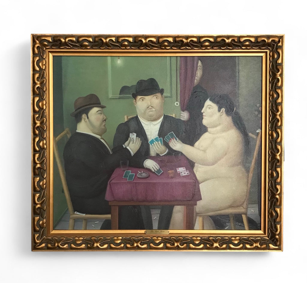 Gold Framed Reproduction Painting: The Card Game by  Fernando Botero, Frame Size:Width: 29.5 inch,  Height  24.5 inch,  Depth 1.5 inch