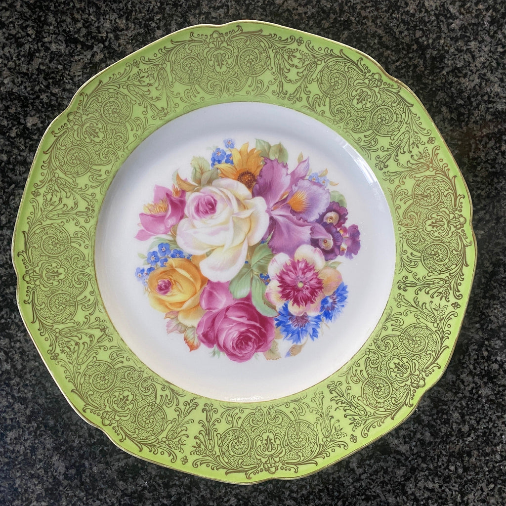 Mid Century Tirschenreuth Bavaria 11 inch Porcelain China Plate, Green and gold trimmed and floral collectors Plate, Cabinet Plate