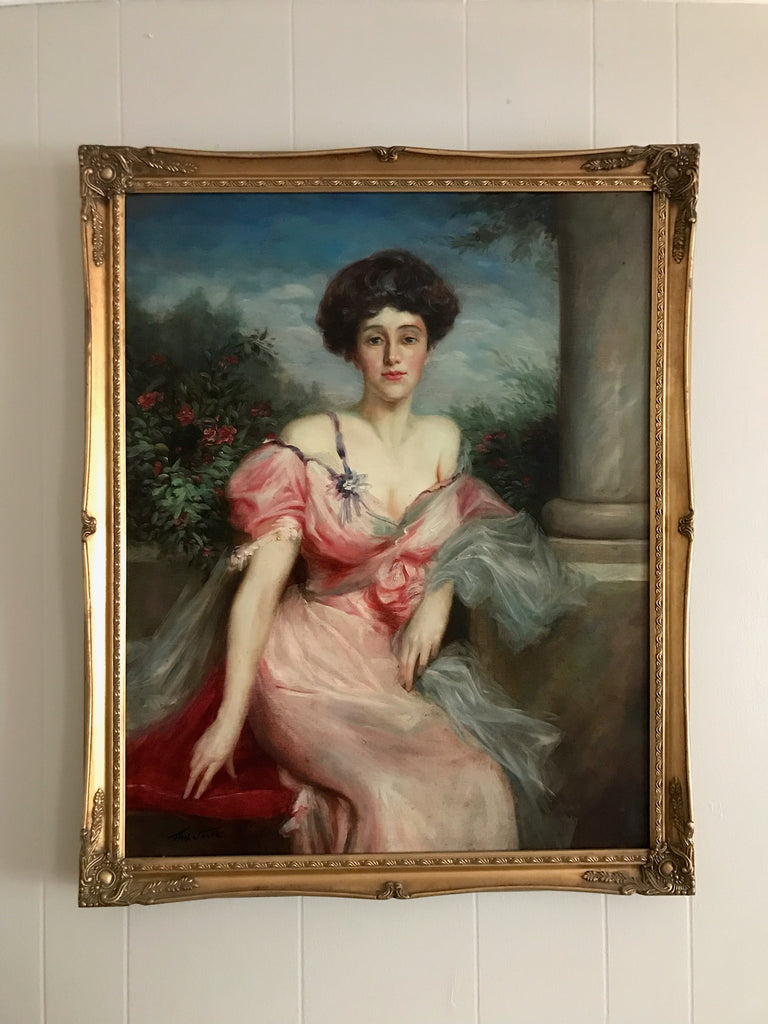 Vintage Portrait painting of Mme D in Gold Frame: Reproduction based on original by François Léopold Flameng