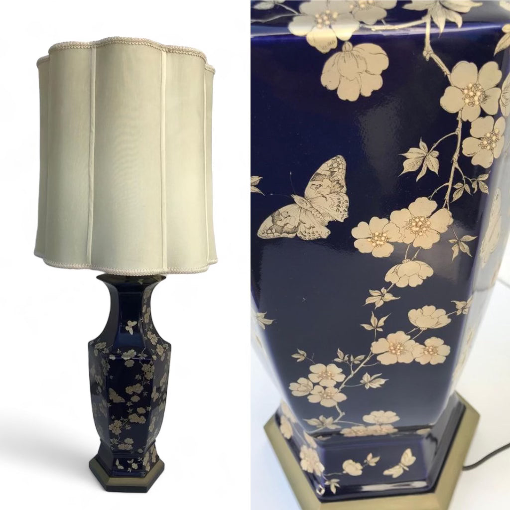 Vintage Extra Large Navy Blue and Gold Lamp with flowers and Butterflies with a Scalloped Cream Shade