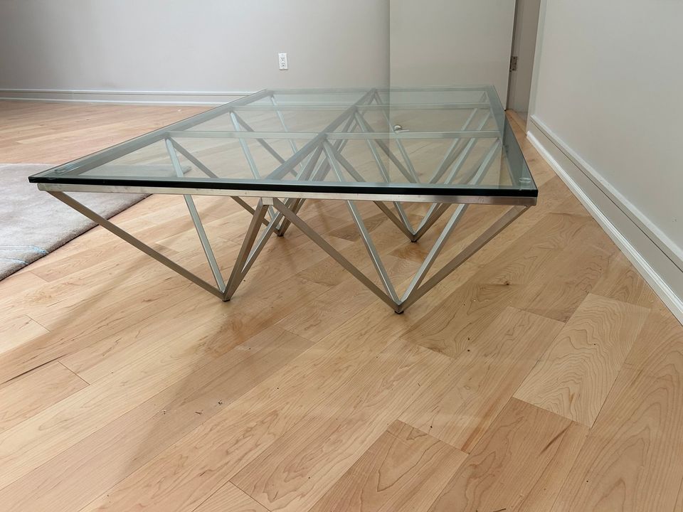 Modern Minimalist Prism Pyramid Glass and Brushed Stainless Steel Metal rectangular Coffee Table by Old Bones Co