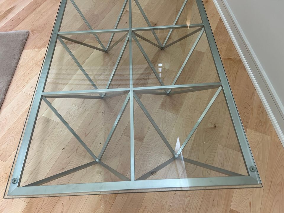 Modern Minimalist Prism Pyramid Glass and Brushed Stainless Steel Metal rectangular Coffee Table by Old Bones Co