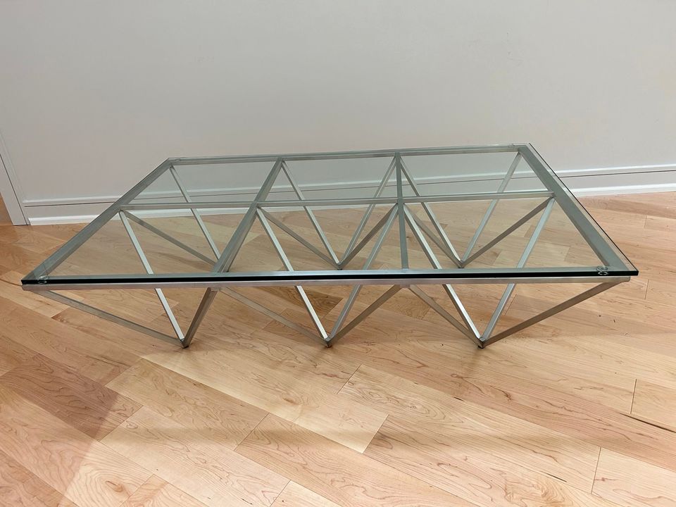 Modern Minimalist Prism Pyramid Glass and Brushed Stainless Steel Metal Coffee Table  table 
