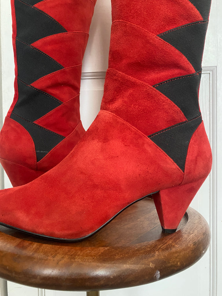 Women's 8 J Reneé 1980s style Red Black rocker tall suede geometric boots with 2.75 inch heel