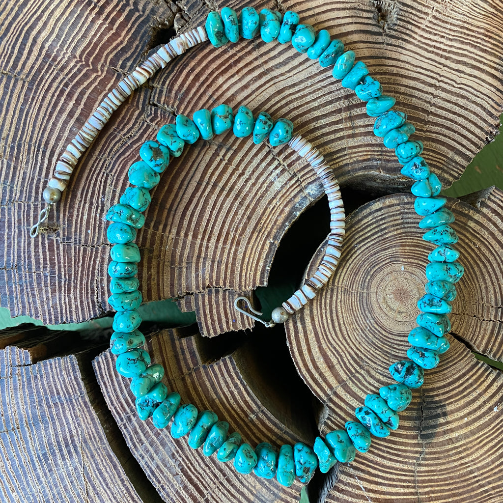 Chunky 1970's Turquoise nugget  beaded and olive heishi necklace with sterling silver hook and eye closure