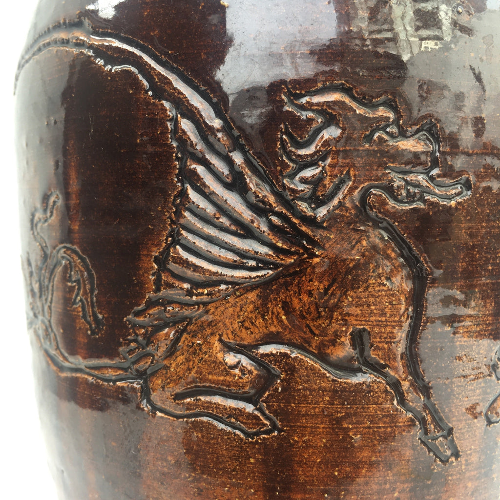 1984 signed J. Gunn brown studio handmade glazed ceramic flower vase with Dragons