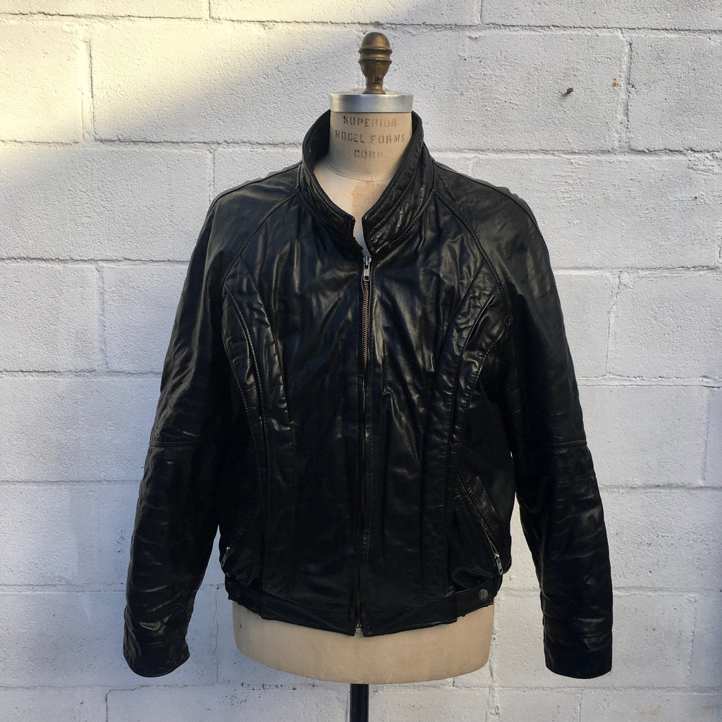 Men's 1980's Oleg Cassini Black Leather Bomber Jacket - Large, Funky Street Style