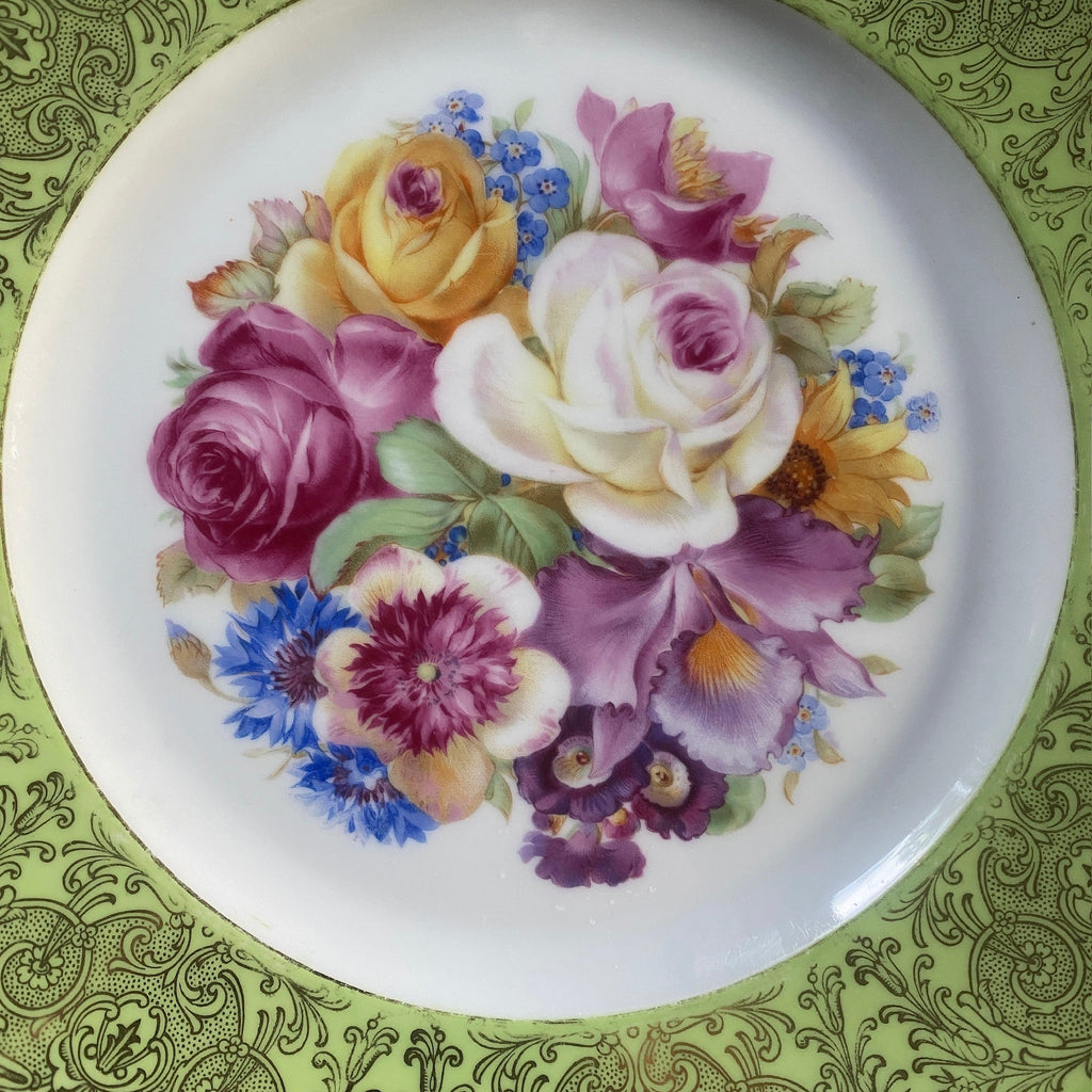 Mid Century Tirschenreuth Bavaria 11 inch Porcelain China Plate, Green and gold trimmed and floral collectors Plate, Cabinet Plate