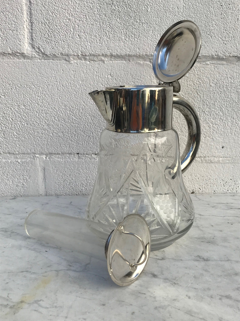 Antique Quist Wurttemberg Germany Silver Plated Large Cut Crystal Carafe Pitcher with ice cooler insert