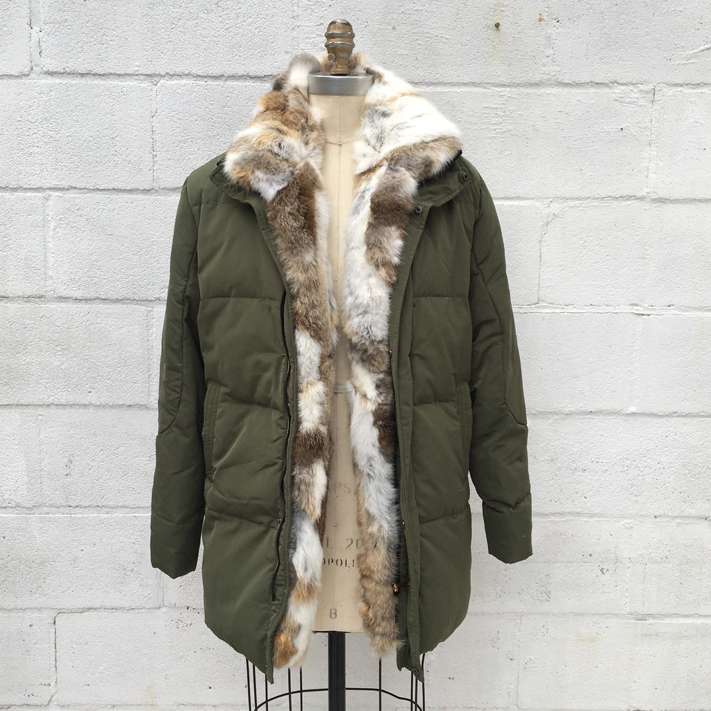 Women's Small Vintage Fur Down and Nylon Green Parka winter coat, Rabbit fur lined coat. 
