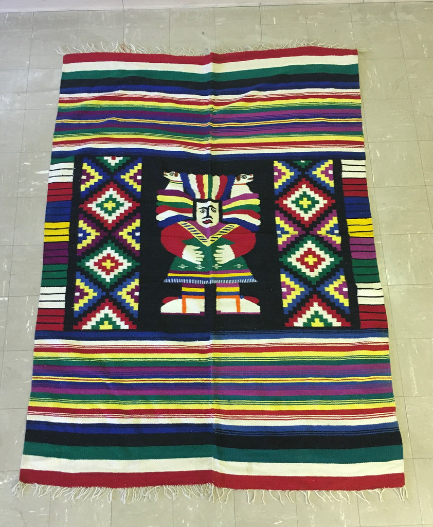 Vintage Native Hand Knotted Rug, Bright colorful Mexican Tribal Rug. 79 inches x 56 inches
