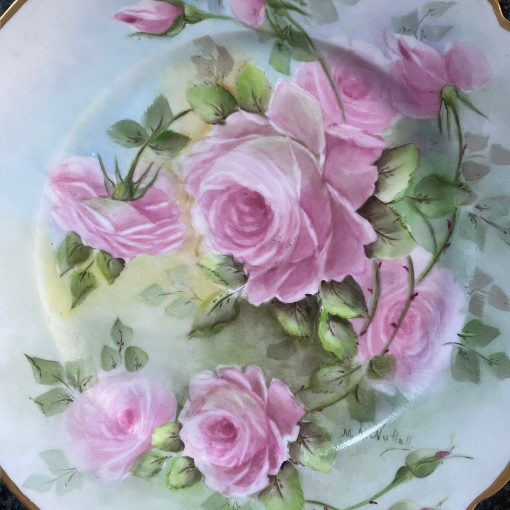 Vintage Paul Muller Selb Bavaria hand painted and signed Porcelain and trimmed Cabinet plate w/ Pink Roses. 10.5 inches  Signed M. A. Nutall