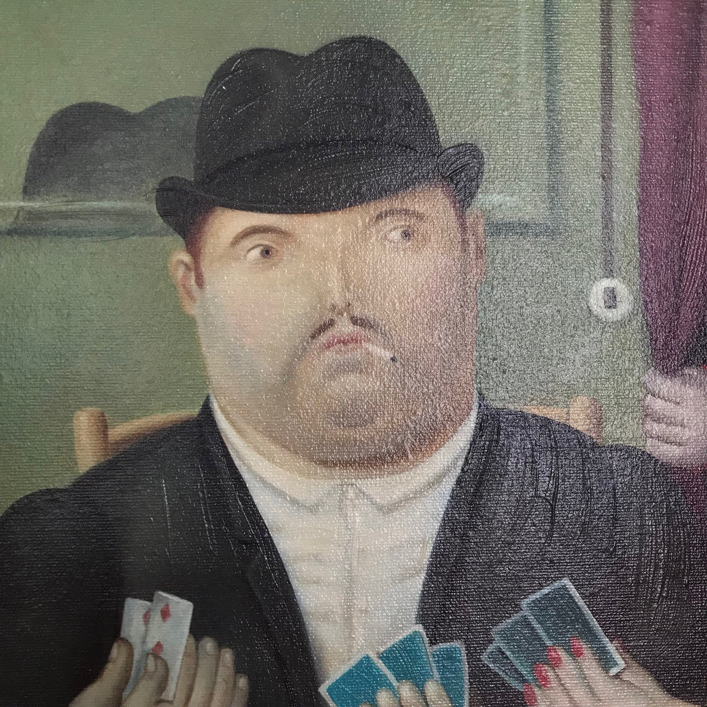 Gold Framed Reproduction Painting: The Card Game by  Fernando Botero, Frame Size:Width: 29.5 inch,  Height  24.5 inch,  Depth 1.5 inch