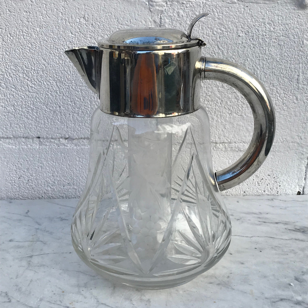 Antique Quist Wurttemberg Germany Silver Plated Large Cut Crystal Carafe Pitcher with ice cooler insert