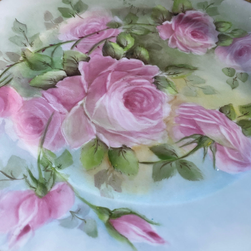 Vintage Paul Muller Selb Bavaria hand painted and signed Porcelain and trimmed Cabinet plate w/ Pink Roses. 10.5 inches  Signed M. A. Nutall