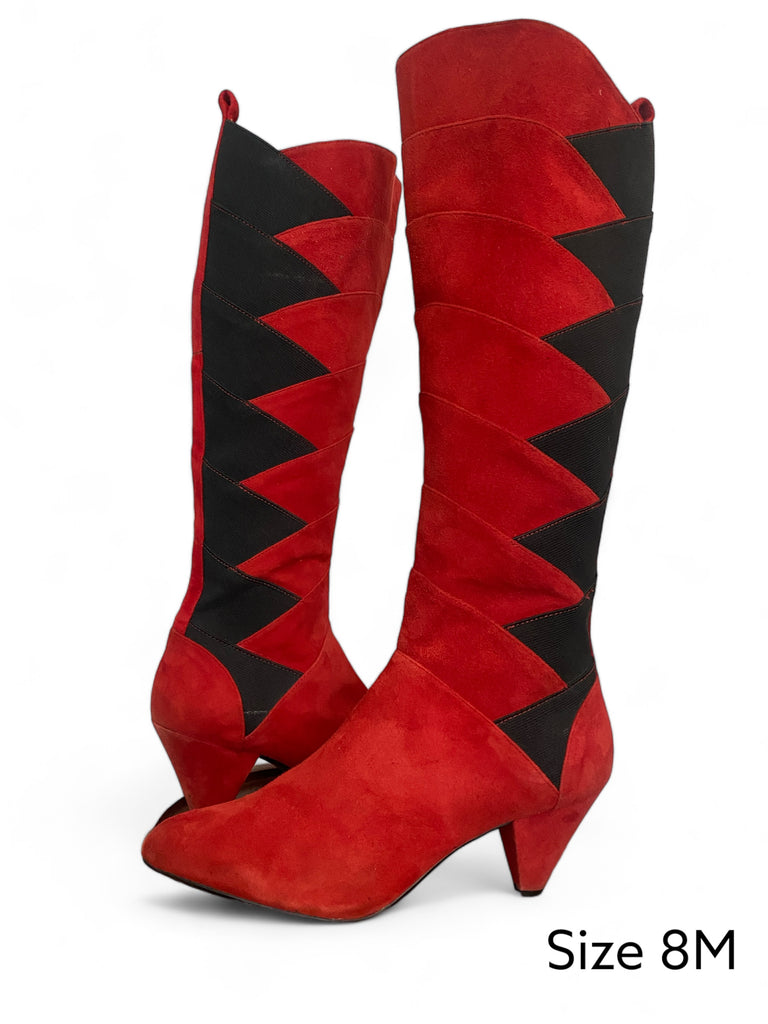 Women's 8 J Reneé 1980s style Red Black rocker tall suede geometric boots with 2.75 inch heel