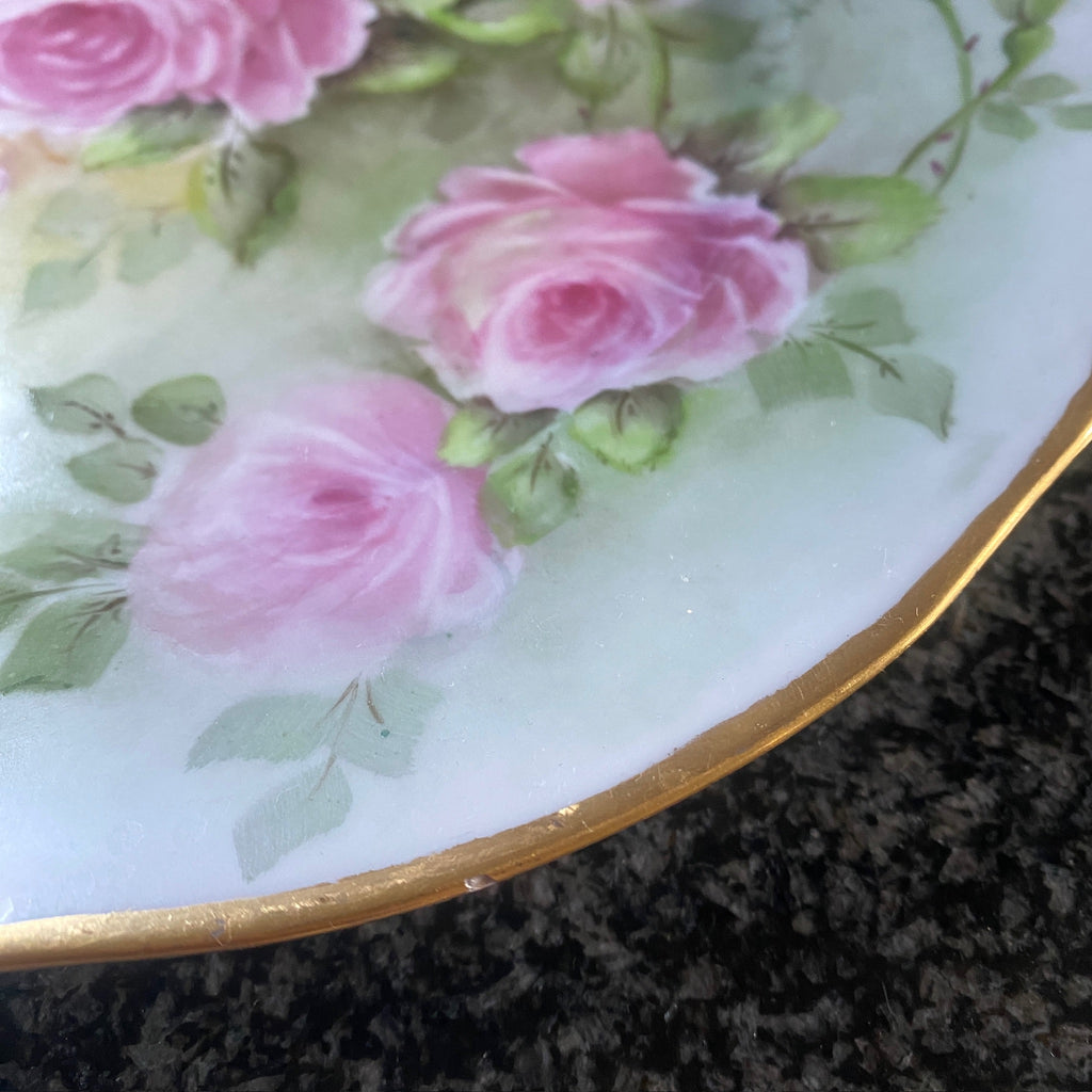 Vintage Paul Muller Selb Bavaria hand painted and signed Porcelain and trimmed Cabinet plate w/ Pink Roses. 10.5 inches  Signed M. A. Nutall