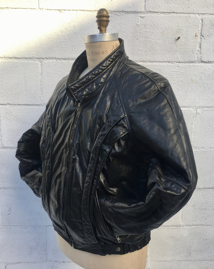 Men's 1980's Oleg Cassini Black Leather Bomber Jacket - Large, Funky Street Style