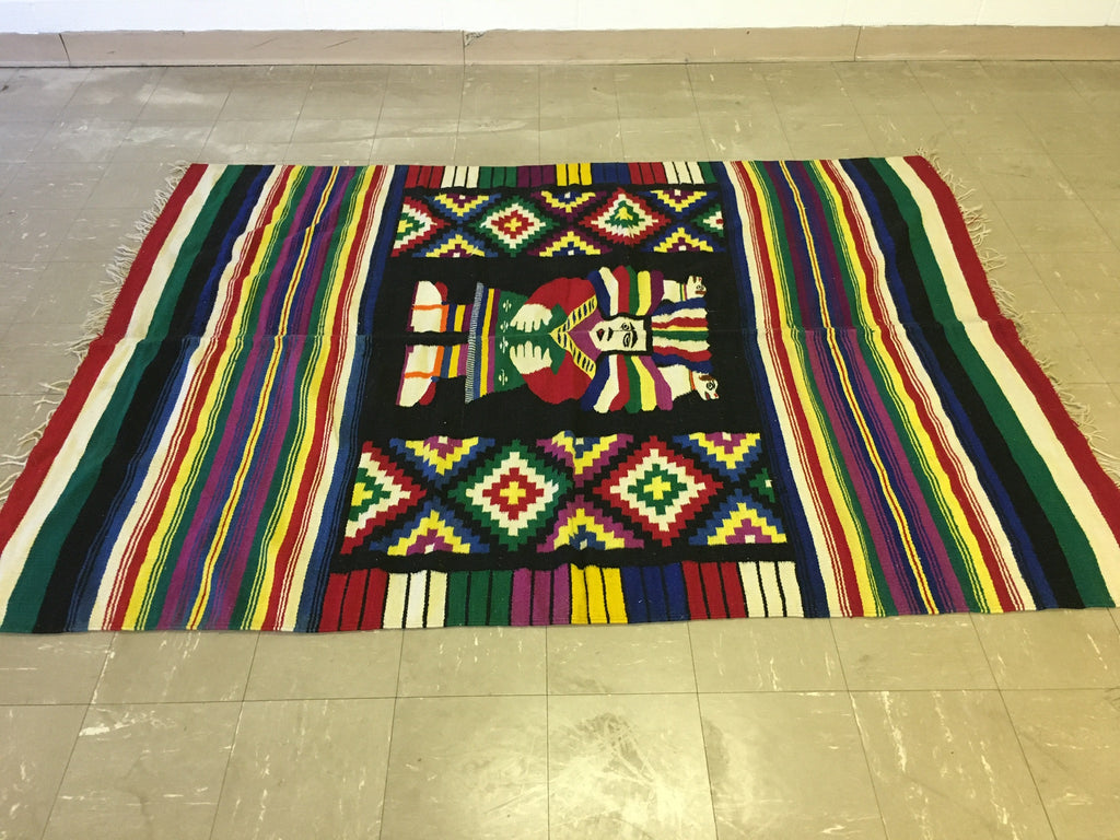 Vintage Native Hand Knotted Rug, Bright colorful Mexican Tribal Rug. 79 inches x 56 inches