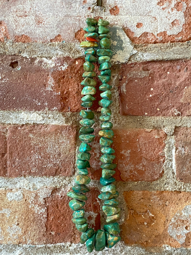 RARE Vintage Large Green Turquoise Necklace w/ polished nugget King Manassa stones, Native American Turquoise, Southwest Statement Necklace