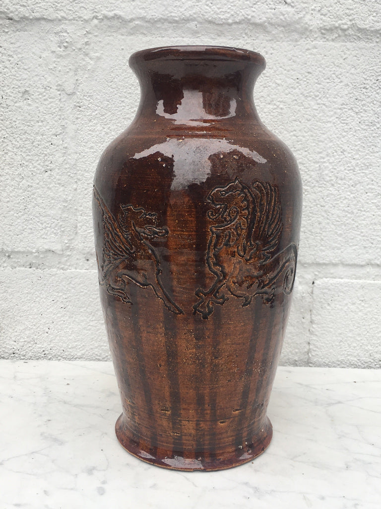 1984 signed J. Gunn brown studio handmade glazed ceramic flower vase with Dragons