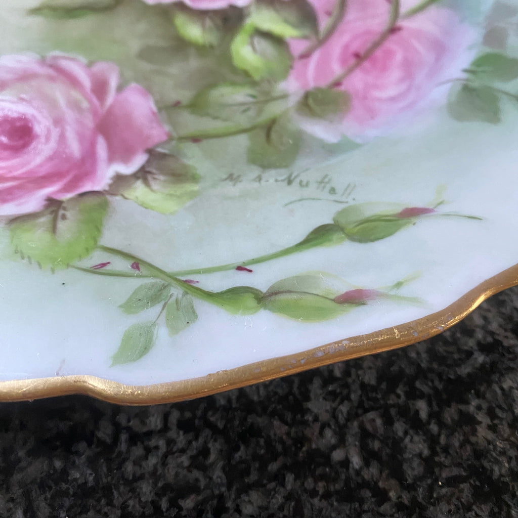 Vintage Paul Muller Selb Bavaria hand painted and signed Porcelain and trimmed Cabinet plate w/ Pink Roses. 10.5 inches  Signed M. A. Nutall