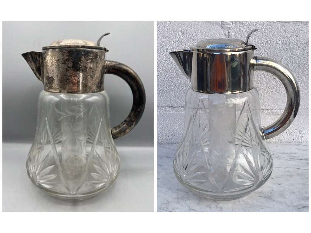 Antique Quist Wurttemberg Germany Silver Plated Large Cut Crystal Carafe Pitcher with ice cooler insert