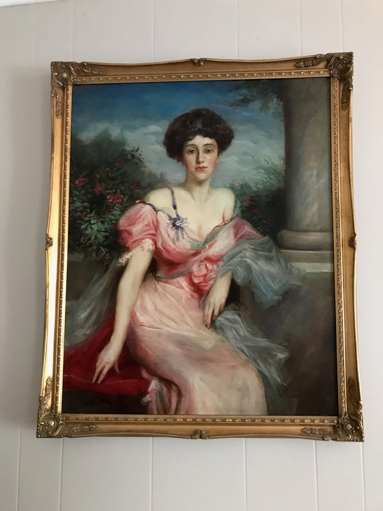 Vintage Portrait painting of Mme D in Gold Frame: Reproduction based on original by François Léopold Flameng