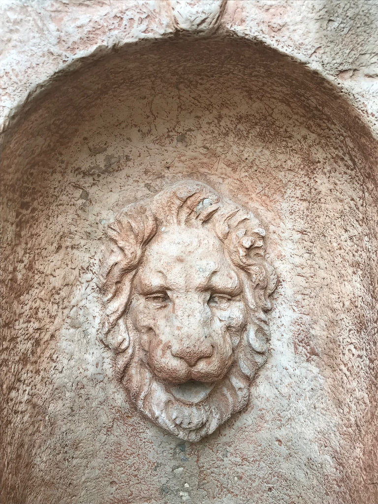 Vintage Cast Stone Lion Alcove Garden Fountain with bowl in Astoria Queens NYC