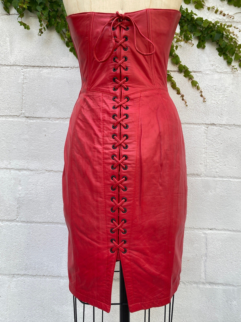 RARE SET- 1980s designer Michael Hoban for North Beach Leather lipstick red Leather lace up Vixen dress and leather fringe jacket with large shoulder pads - Size Medium