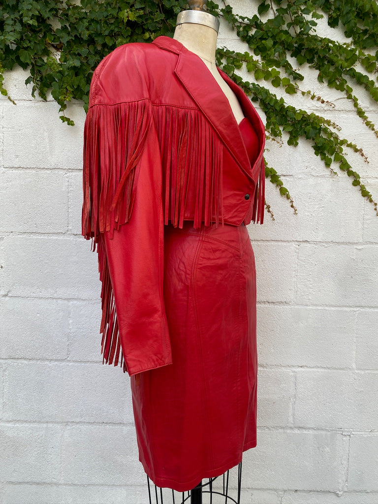 RARE SET- 1980s designer Michael Hoban for North Beach Leather lipstick red Leather lace up Vixen dress and leather fringe jacket with large shoulder pads - Size Medium