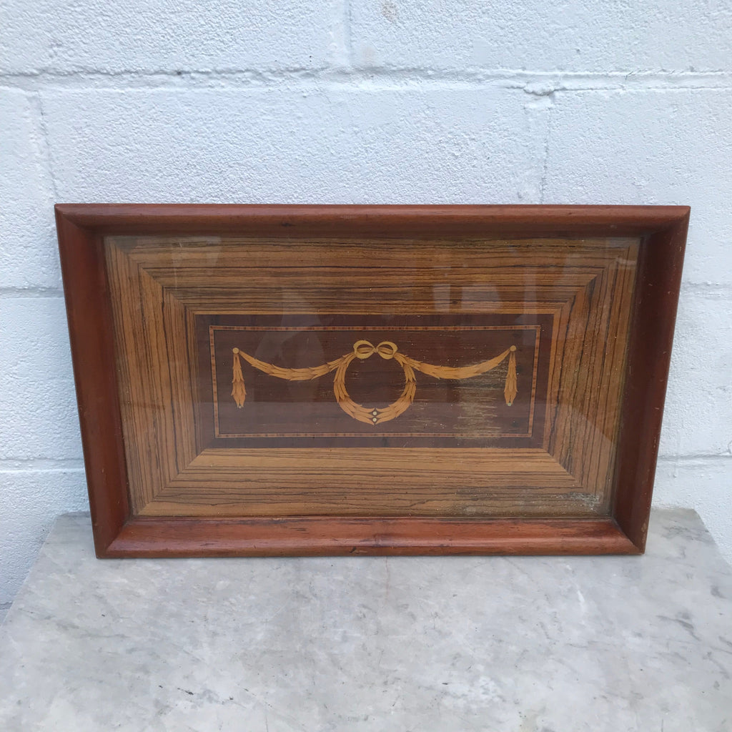 Vintage Marquetry Wood Inlay Serving Tray with Protective Glass