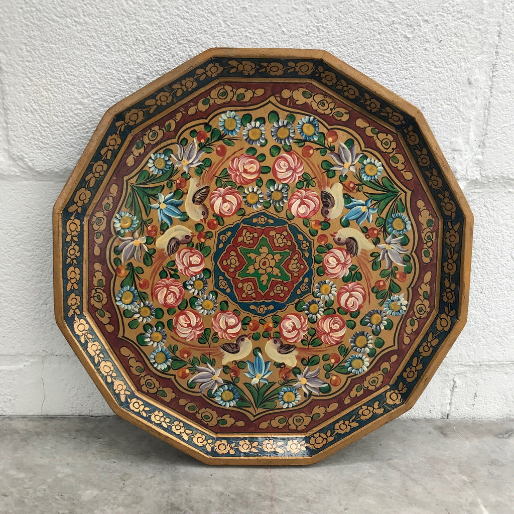 Beautiful Vintage Hand Painted with Birds and Flowers European Decorative Wood Tray