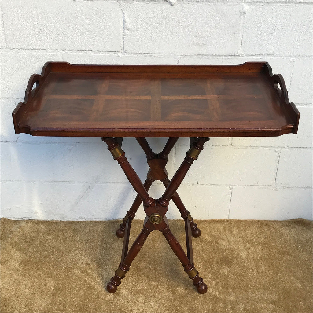 Vintage Large Vintage Solid Wood Butler's Marquetry Tray Tea Table with folding legs in Astoria, Queens NYC