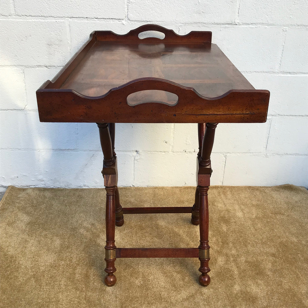 Vintage Large Vintage Solid Wood Butler's Marquetry Tray Tea Table with folding legs in Astoria, Queens NYC 