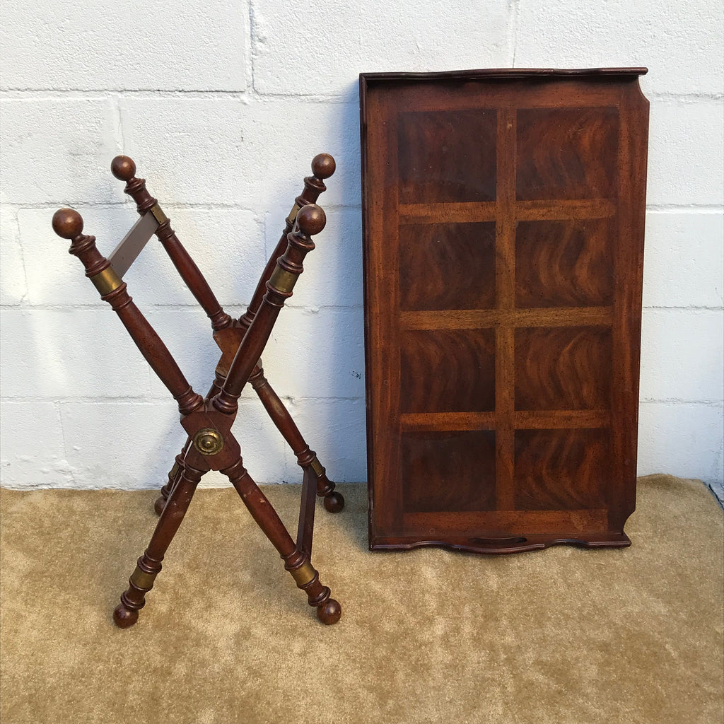 Vintage Large Vintage Solid Wood Butler's Marquetry Tray Tea Table with folding legs in Astoria, Queens NYC