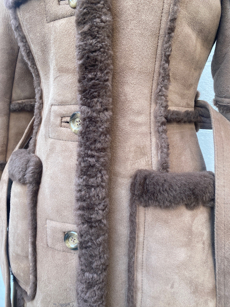 RARE Women's 1970's removable Hood brown Sheepskin long fur coat , by Leather Attic - Size small / XS