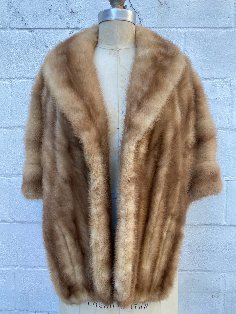 1940s / 1950s blonde Mink fur stole cape, hidden pockets,  lined,  monogramed, amazing condition, light brown cropped fur coat. Womens size  small-medium