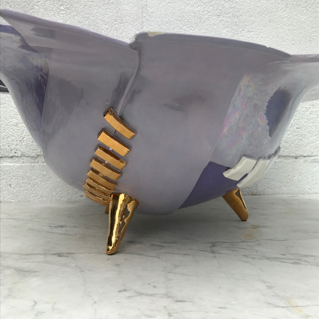 1980's RARE signed by New York multimedia sculpture artist Rima Schulkind X-Large Purple, Gold and Iridescent Center Piece Studio Ceramic Fine Art Ceramic Abstract Bowl