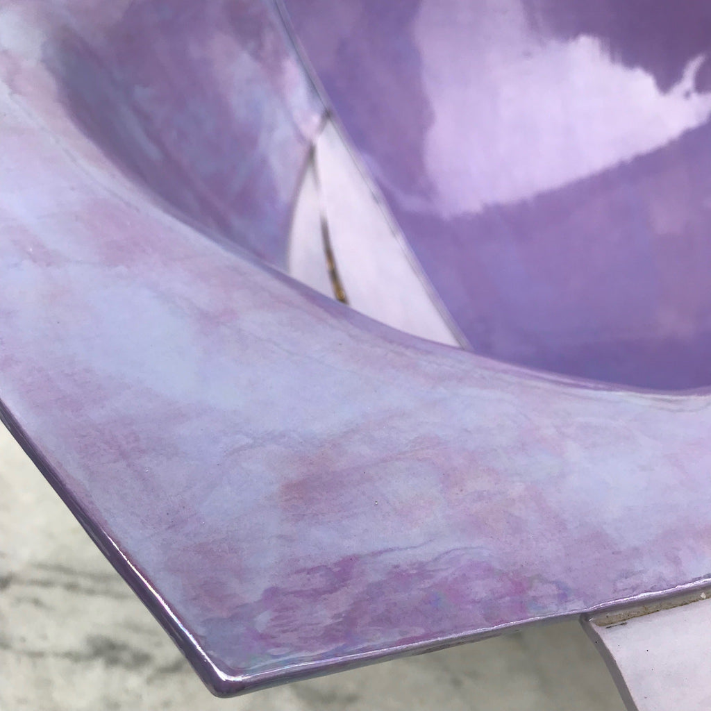 1980's RARE signed by New York multimedia sculpture artist Rima Schulkind X-Large Purple, Gold and Iridescent Center Piece Studio Ceramic Fine Art Ceramic Abstract Bowl