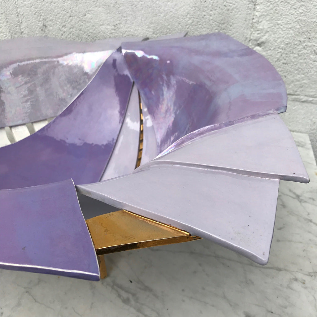 1980's RARE signed by New York multimedia sculpture artist Rima Schulkind X-Large Purple, Gold and Iridescent Center Piece Studio Ceramic Fine Art Ceramic Abstract Bowl