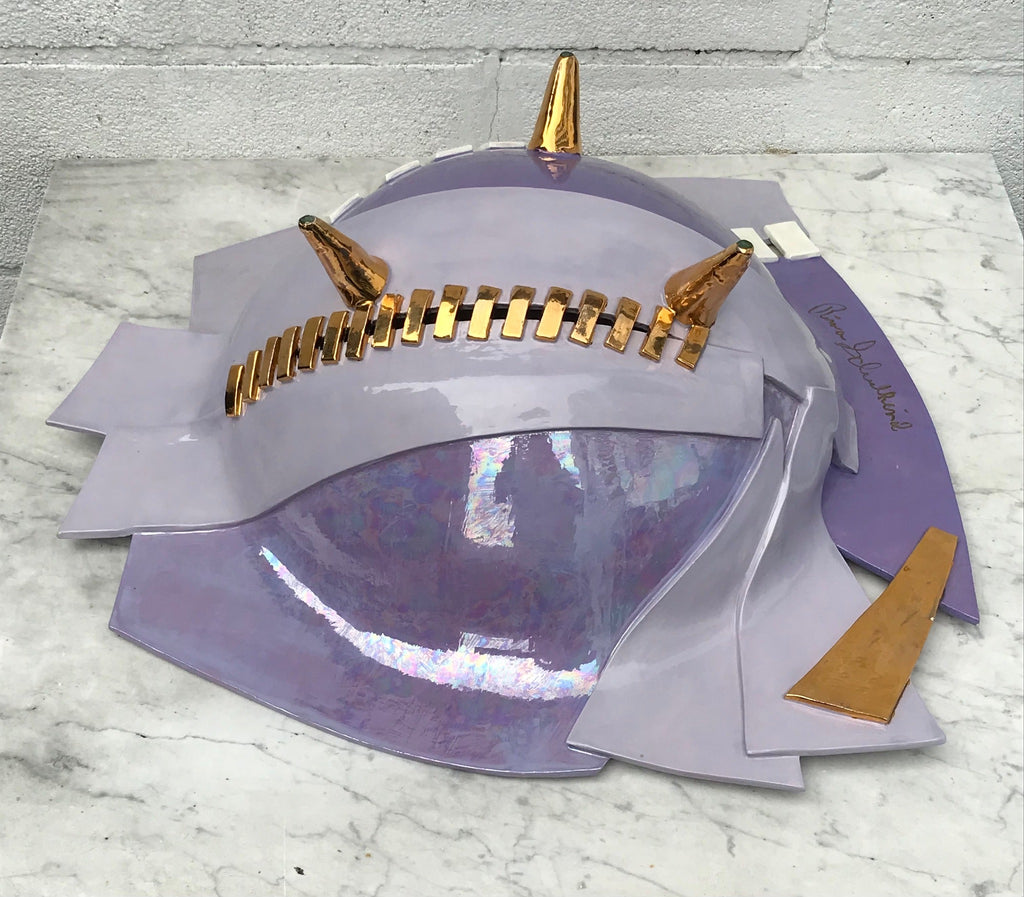1980's RARE signed by New York multimedia sculpture artist Rima Schulkind X-Large Purple, Gold and Iridescent Center Piece Studio Ceramic Fine Art Ceramic Abstract Bowl