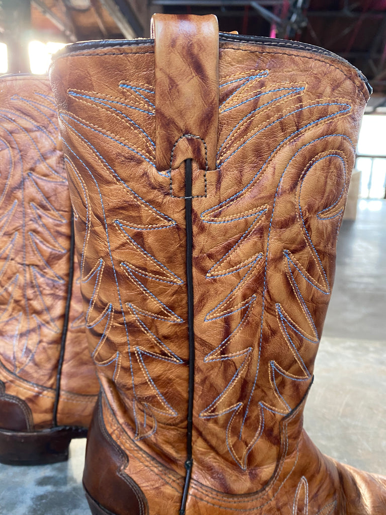 1960's Size 5.5M Women's Texas Imperial Brown wing tipped with marble leather , embroidery stitching cowboy boots.