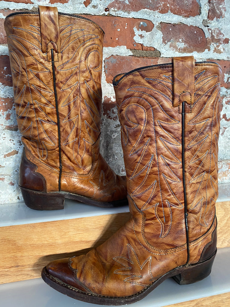 1960's Size 5.5M Women's Texas Imperial Brown wing tipped with marble leather , embroidery stitching cowboy boots.
