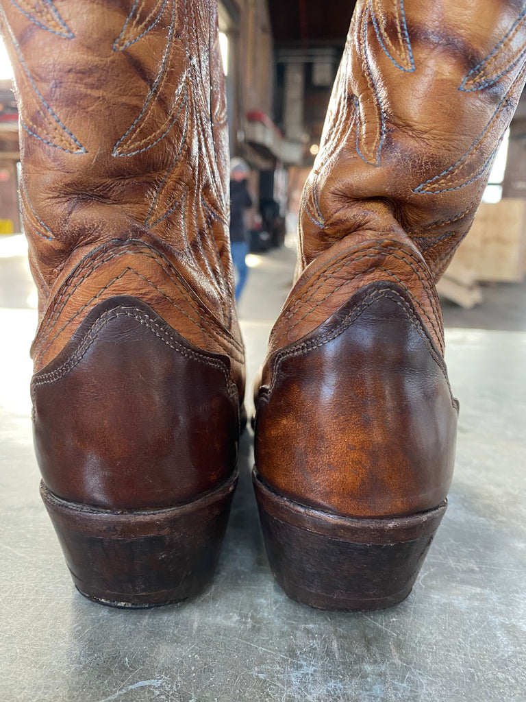1960's Size 5.5M Women's Texas Imperial Brown wing tipped with marble leather , embroidery stitching cowboy boots.