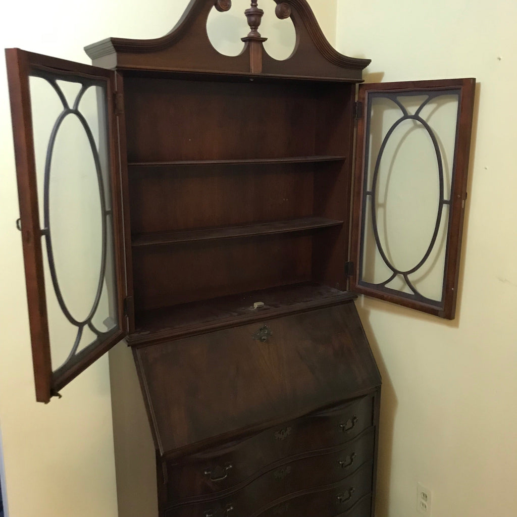 Vintage Antique Solid Wood Standing Fold Down Secretary Desk with drawers, curved glass doors.  Located in Astoria Queens, NYC