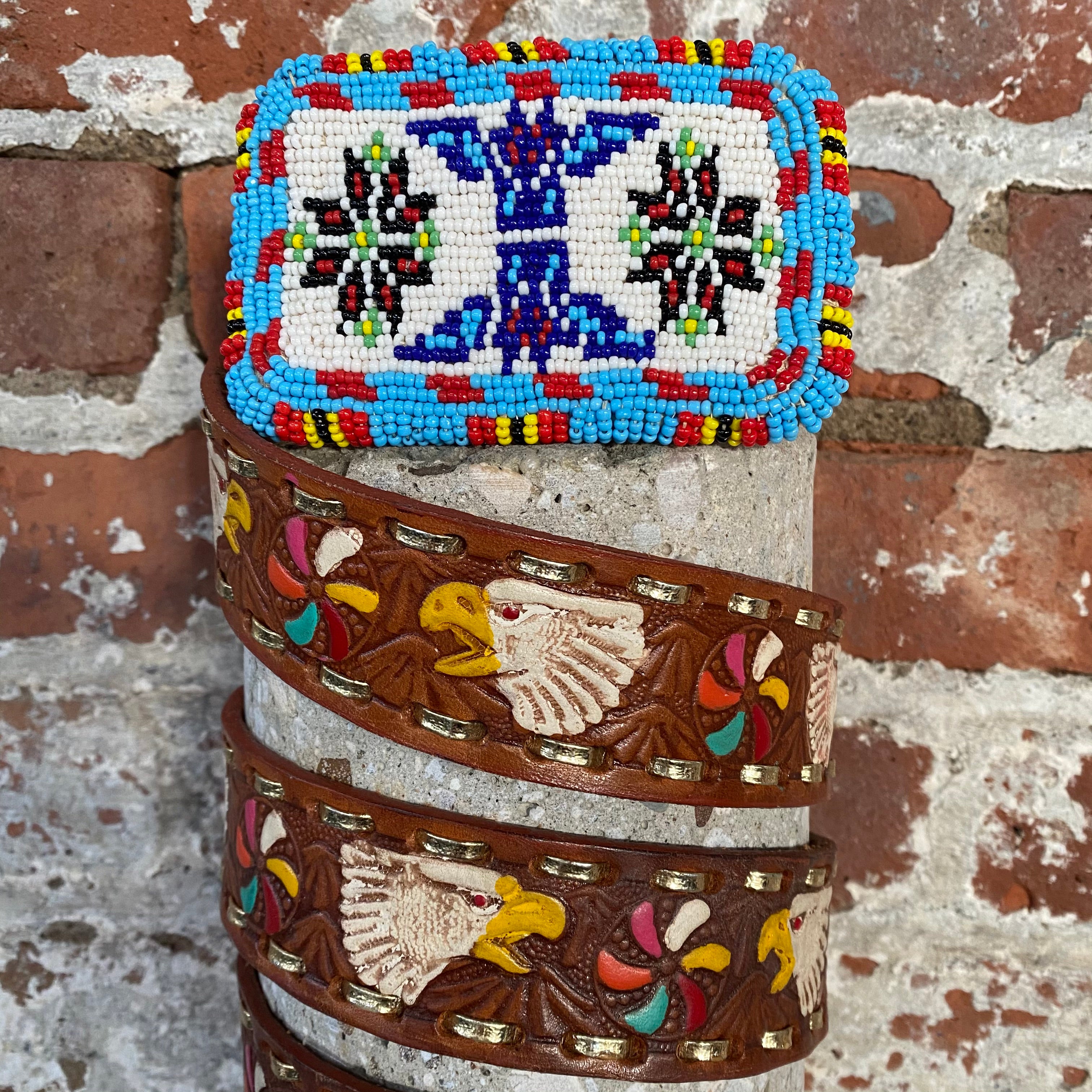 Men's vintage Native American Hand Eagle Beaded Belt Buckle and tooled and painted Eagle leather belt, Size Large