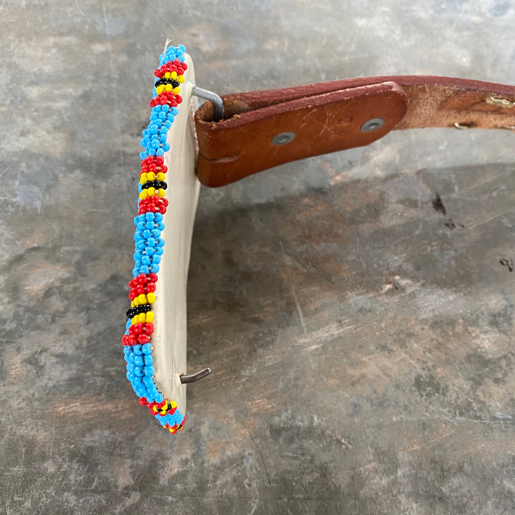 Men's Large Native American Hand Beaded Belt Buckle and tooled and painted Eagle leather belt.