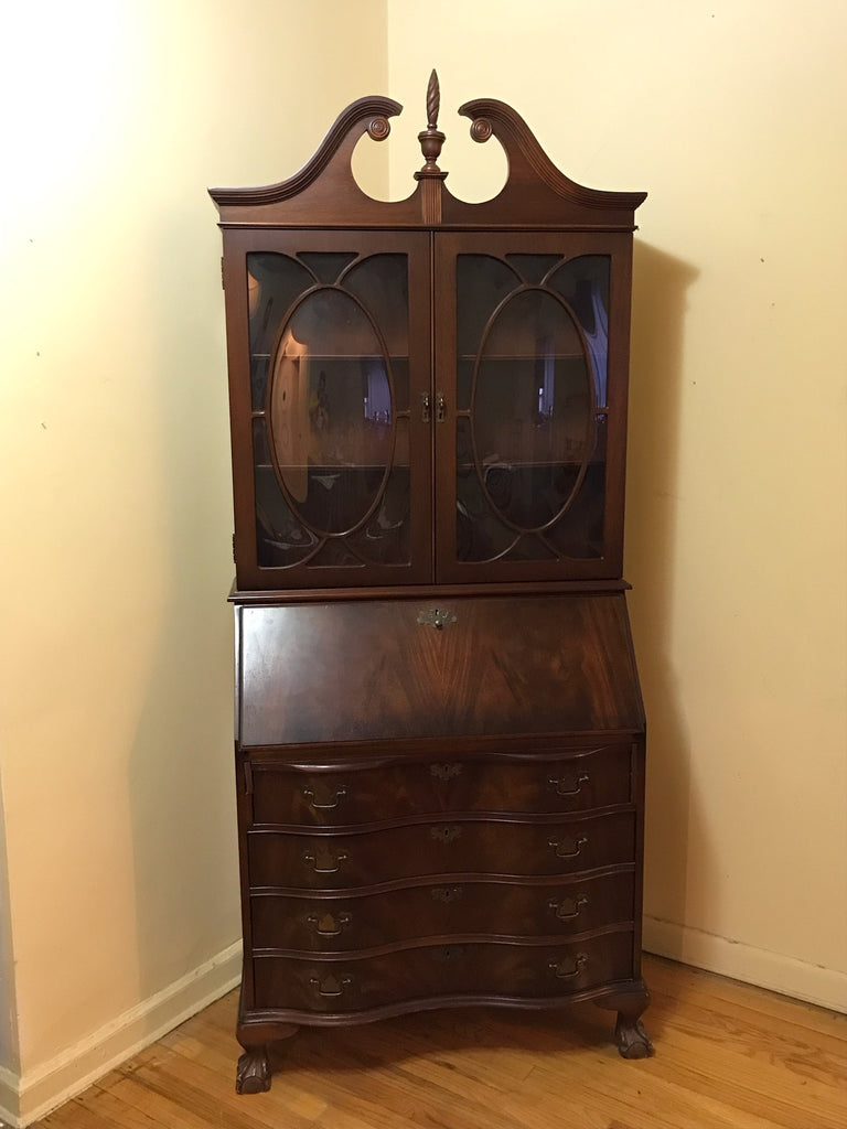 Vintage Antique Solid Wood Standing Fold Down Secretary Desk with drawers, curved glass doors.  Located in Astoria Queens, NYC