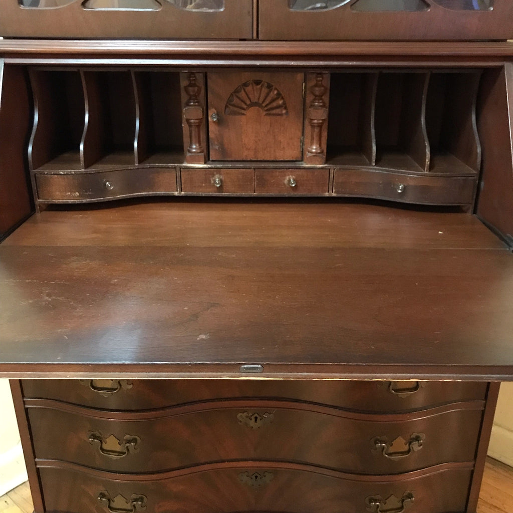 Vintage Antique Solid Wood Standing Fold Down Secretary Desk with drawers, curved glass doors.  Located in Astoria Queens, NYC